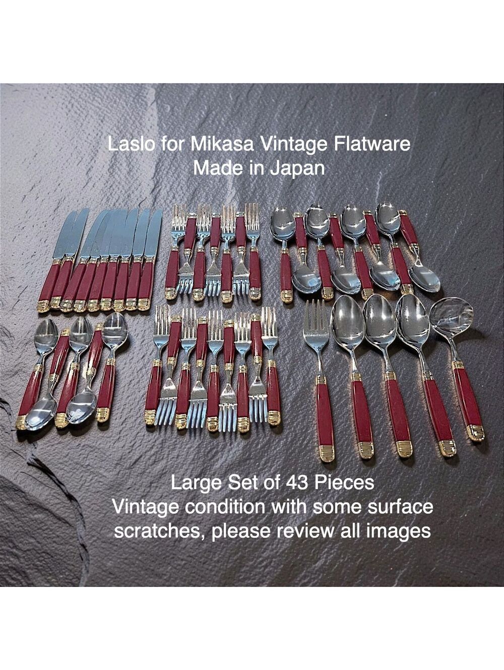 Vintage Laslo for Mikasa Vintage 43 Pc Flatware Set Maroon Gold Stainless Japan